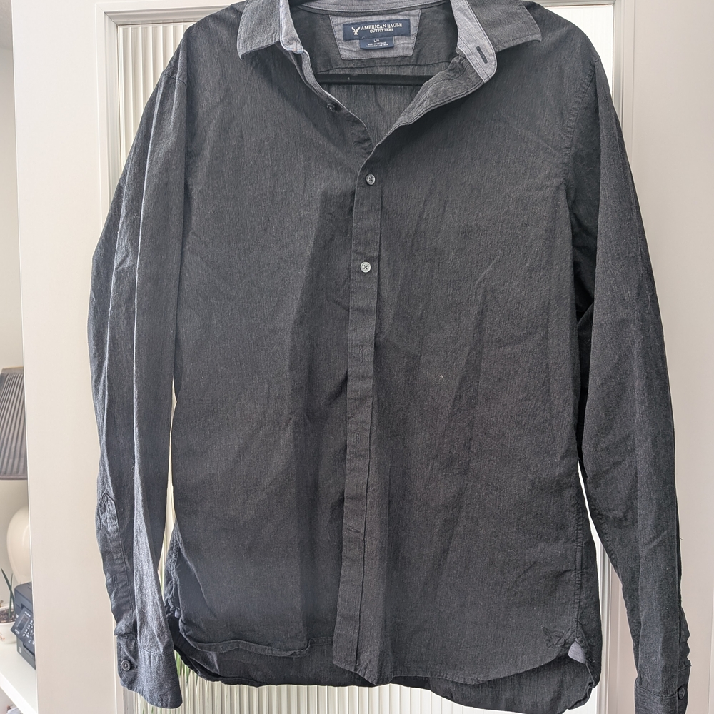 American Eagle Outfitters Charcoal Button-Down Long Sleeve Shirt